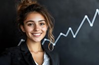 Young businesswoman in black blazer smiling confidently against chalkboard with rising graph line, representing success and growth in business environment.
