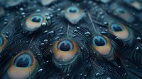 Wet peacock feathers with water drops in dark blue and gold tones create dramatic macro photography composition showing intricate natural patterns and textures.