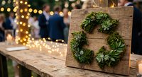 Fresh green wreath mounted on rustic wooden board at outdoor holiday market with warm bokeh lights creating festive Christmas atmosphere for seasonal decor.