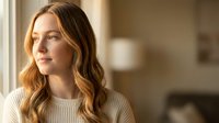 Young Caucasian woman with wavy blonde hair in cozy sweater looking thoughtfully out window in warm natural light at home interior.