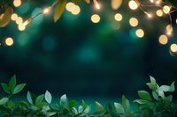 Magical garden atmosphere with string lights creating bokeh effect above green foliage on dark teal background, perfect for event or holiday designs.