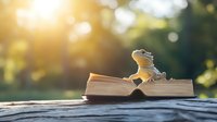 Bearded dragon sitting on open book pages against blurred natural background with golden sunlight and bokeh effect, creating magical reading atmosphere.