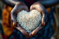 African female hands holding white rice grains arranged in heart shape, symbolizing food security, charity and care. Close up view against dark background.