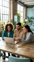 Three diverse professionals collaborate at wooden table with laptop in modern loft office surrounded by plants, industrial windows, and green walls, ideal for business, teamwork, and startup concepts.