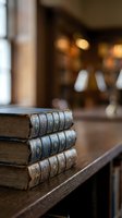 Stack of antique leather-bound books with ornate spines displayed on wooden surface in library setting with warm bokeh background, suitable for education and literature concepts.