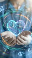 Hands holding glowing digital heart with holographic interface displaying innovation, healing, and future concepts for healthcare technology and wellness solutions.