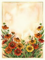 Watercolor autumn flowers border frame with orange and yellow blooms on vintage paper background for greeting cards and invitations.