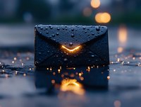 Wet black envelope with water drops glowing from inside on reflective surface at dusk, mysterious light bokeh effect creates magical atmosphere.