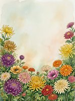 Watercolor chrysanthemum flowers border frame with vintage texture background for autumn greeting cards and botanical design projects.