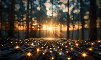 Magical forest floor illuminated with glowing lights creating geometric pattern at sunset, sun rays breaking through trees, dreamy woodland atmosphere.