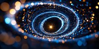 Luminous spiral galaxy formation with glowing blue particles and golden light center against dark space background, creating cosmic energy flow pattern.