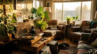 Cozy vintage living room with vinyl records, turntable, lush houseplants, and leather armchairs bathed in warm natural sunlight.