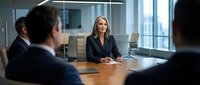 Professional businesswoman leading corporate meeting in modern conference room with colleagues discussing strategy and planning.
