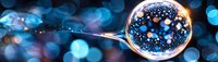 Magical crystal sphere on metal spoon reflects blue bokeh lights creating dreamy cosmic atmosphere against dark blurred background with glowing circles.