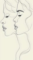Minimalist line drawing of two female profiles facing each other with delicate features and flowing hair on beige background, suitable for beauty and fashion design.