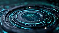 Futuristic circular technology pattern with glowing blue elements and circuit board details creates dynamic composition for tech and innovation concepts.