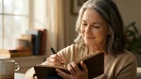Senior Caucasian woman with gray hair writing in journal at home, peaceful morning routine, retirement lifestyle, personal reflection and mindfulness practice.
