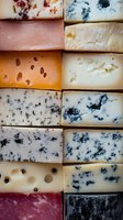 Assorted gourmet cheese varieties arranged in rows showing different textures and flavors for culinary and food photography applications.