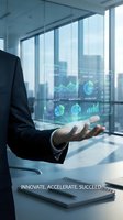 Businessman in dark suit holding transparent digital display with financial analytics, growth charts, and market data visualizations in modern office with city skyline view for business solutions.