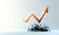 Glowing golden arrow rises from scattered black particles against light background, symbolizing business recovery and market growth after disruption period.