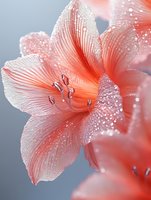 Coral pink amaryllis flower with water droplets on delicate petals and visible stamens against soft blurred background for spring botanical designs.