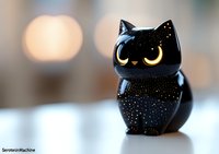 Black ceramic owl figurine with golden speckles and crescent moon eyes on blurred bokeh background for home decor and mystical themed designs.