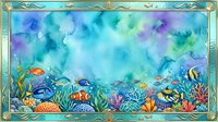 Underwater ocean scene with tropical fish, coral reef and seaweed in decorative frame. Watercolor marine life background for aquarium themes and sea adventures.