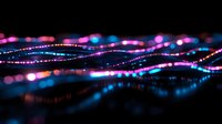 Glowing neon waves with pink and blue bokeh lights creating abstract pattern on dark background, modern futuristic design for technology concepts.