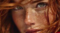 Close-up portrait of young Caucasian woman with freckles and striking green eyes, natural beauty concept for skincare and cosmetics advertising.