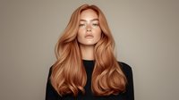 Young woman with luxurious wavy strawberry blonde hair wearing black top against neutral beige background, professional hair care and beauty concept for salon advertising.