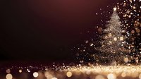 Magical glowing Christmas tree silhouette formed by sparkling lights and golden bokeh effects on dark background, creating festive holiday atmosphere.