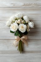 Elegant bouquet of white roses and small flowers tied with beige ribbon on light wooden background, perfect for wedding or celebration.