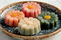 Colorful flower-shaped traditional Asian confections arranged on ceramic plate, featuring delicate petals and centers in pink, white and green hues.