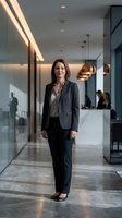 Confident middle-aged Caucasian businesswoman in gray suit standing in modern corporate office lobby with glass walls and contemporary lighting.