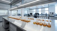 Rows of amber liquid samples in glass containers lined on laboratory workbench with modern scientific equipment and windows in background, suitable for pharmaceutical, chemical research, and medical testing applications.