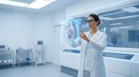 Female doctor analyzing holographic brain scan in futuristic medical laboratory with advanced diagnostic technology and digital interface displays.