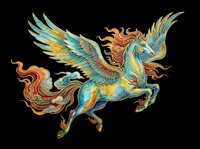 Mythical winged horse with flowing mane and tail, featuring turquoise, gold, and orange hues. Isolated on transparent background, ready for t-shirts, clipart, stickers, and print-on-demand designs.