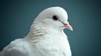 White dove portrait against dark green background showcasing soft feather detail, pink beak, and gentle red eye in close-up view, symbolizing peace and purity.