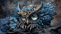 Mystical owl creature with glowing blue eye and ornate feather details in dark fantasy style, featuring metallic gold accents and ethereal smoke effects.