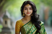 Young South Asian woman wearing traditional green and gold silk saree with ornate jewelry including bindi and jhumka earrings, smiling warmly against soft blurred background.