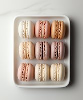 Delicate French macarons in pastel pink and beige tones arranged on white ceramic plate against marble background. Sweet meringue cookies with cream filling.