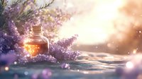 Magical glowing potion bottle nestled among blooming purple lilac branches at sunset, with ethereal bokeh lights and soft focus creating dreamy atmosphere.