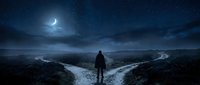 Silhouetted figure standing at crossroads under crescent moon and starry night sky, contemplating two diverging paths through snowy landscape. Choice and decision concept.