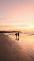 Romantic couple silhouettes walking hand in hand on beach at sunset with golden sky reflections on wet sand and gentle waves for love and travel concepts.