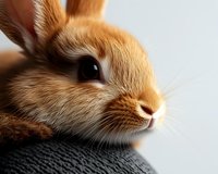 Close-up portrait of adorable ginger rabbit with soft fur and dark eyes resting on dark textured surface against light background, showing gentle expression.