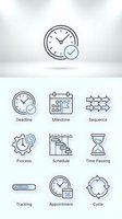 Time management icons set with clock deadline checkmark calendar schedule process tracking appointment cycle hourglass milestone sequence isolated.