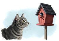 Tabby cat looking at red birdhouse on pole against light blue background. Isolated artwork suitable for pet, animal, and home decor designs.