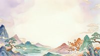 Serene mountain landscape with layered peaks in soft pastels, traditional Asian-inspired artwork featuring rolling hills, misty valleys, and delicate flora. Suitable for wall art, home decor, and cultural design projects.
