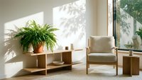 Bright minimalist interior with potted fern plant on wooden shelf unit, comfortable armchair, and natural sunlight streaming through large windows, suitable for home decor and interior design projects.