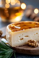 Creamy brie cheese with caramelized honey topping on wooden board, garnished with walnuts and pine needles, bokeh lights in background for festive mood.